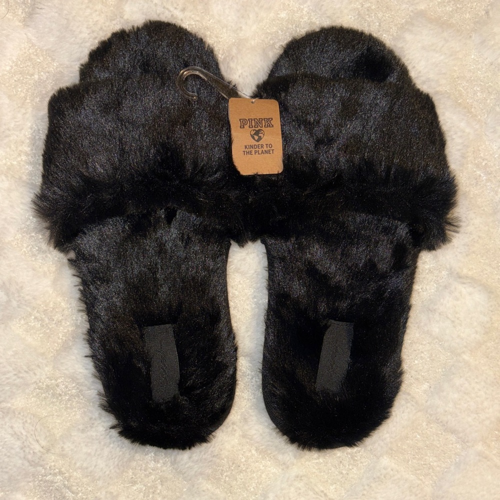 PINK Victoria's Secret Plush Black Slippers
